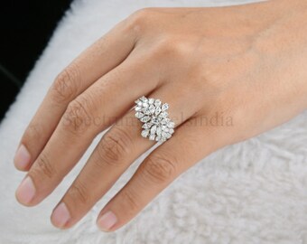 Emerald Cut Diamond Ring / 18k Gold Diamond Bridal Ring / Pear & Marquise Diamond Cluster Ring / Certified Diamond Wedding Anniversary Ring
