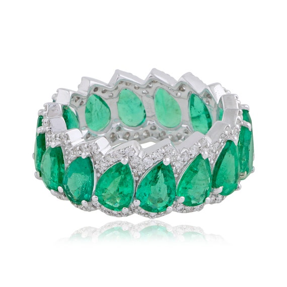 Emerald Eternity Ring 18K Gold Pave Diamond Emerald Eternity | Etsy