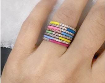 18k Gold Dainty Enamel with 0.25Ct Natural Diamond Half Eternity Band Ring| Pave Diamond Gold Ring| Minimalist Stacking Colorful Enamel Ring