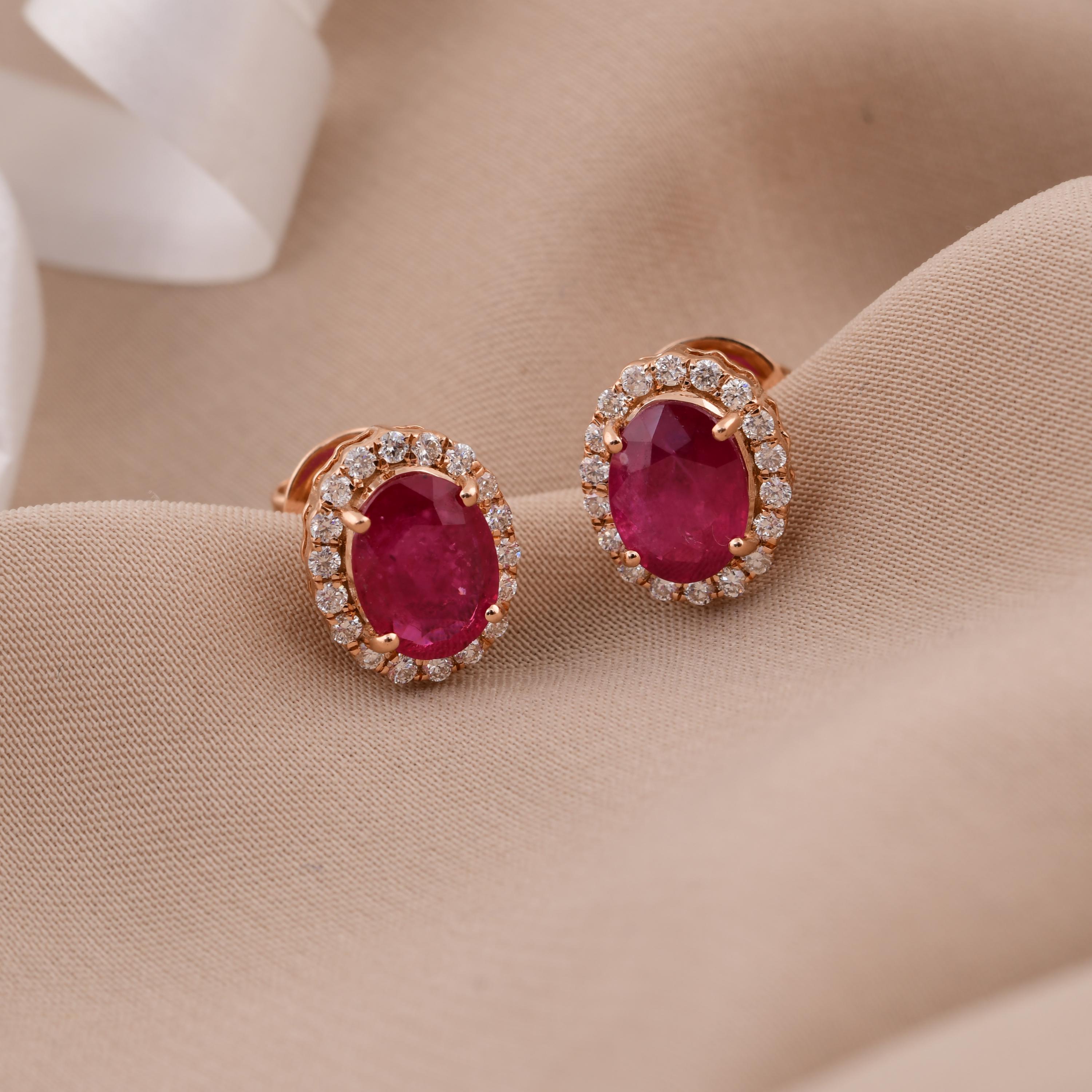 Natural Ruby & Diamond Oval Stud Earrings| 18k Rose Gold Halo Diamond Stud Earrings| Oval Cut Ruby Birthstone Earrings| Gift For Women
