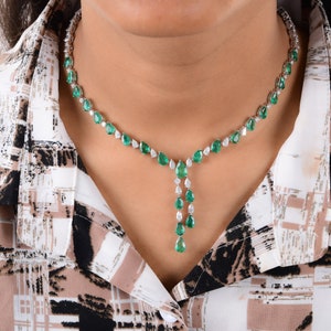 Pear Cut Zambian Emerald Diamond Necklace, 18K Gold Statement Necklace, Wedding Necklace, Gemstone Jewelry, Bridal Necklace, Bridesmaid Gift
