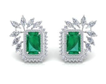 Zambiaanse Emerald & Diamond Stud Earring, 18K Gold Minimalistische Oorbel, Cluster Oorbel, Mei Geboortesteen Sieraden, Vrouwen Stud, Bruidsmeisje Cadeau