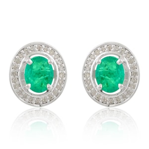 10k White Gold Zambian Emerald Earrings For Women, Natural Diamond Stud Halo Earrings For Birthday Gift, Women Earrings Jewelry For Wife