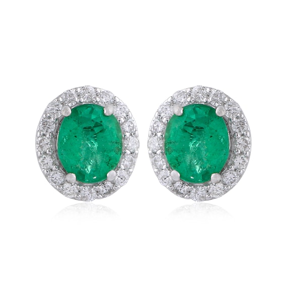 Zambian Emerald Gemstone Earrings Natural Diamond Stud Earrings 18k White Gold Pave Diamond Earrings Oval Faceted Birthstone Earrings Etsy