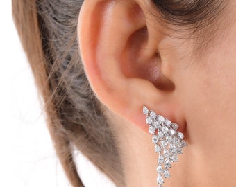 Elegant Pear Cut Diamond Earrings, 18K Gold Climbing Earrings, Ear Climber Cluster Earrings, Crawler Earrings, Ear Cuff Earrings, Women Gift