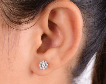 Natural Brilliant Cut Diamond Earrings, 10k White Gold Halo Studs