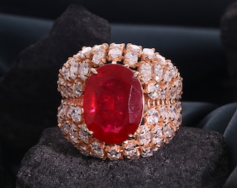 16.12 Ct Oval Solitaire Ruby and Diamond Ring For Women, Synthetic Ruby Gemstone Ring, 18k/14k Gold, Ruby Wedding Ring, Cocktail Ring Women