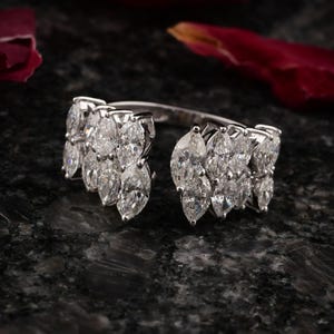 Diamond Cluster Ring 2.01 Ct| 18k Solid White Gold Diamond Open Cuff Ring| Statement Cocktail Ring| Marquise Diamond Jewelry Gift for Her