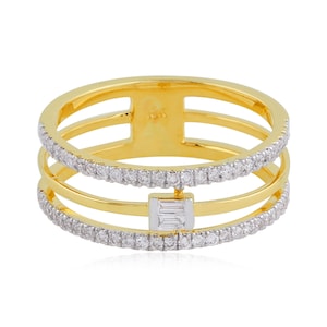 Diamond Eternity Ring 0.35Ct| 18k Gold Diamond Solitaire Ring|Three Row Diamond Band Ring| Real Diamond Jewelry| Round Baguette Diamond Gift