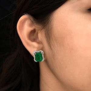 Zambian Emerald Halo Stud Earrings| 18k White Gold Large Emerald Stud Earrings| 12.32 Tcw Emerald Diamond Fine Jewelry| Octagon Emerald Gift