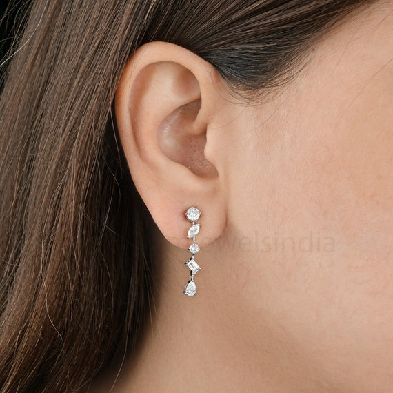1.52 Ct Diamond Dangle Earrings, Multi Shape Diamond Long Earrings, 18k White Gold Wedding Earrings, Engagement Earrings, Birthday Gift Idea
