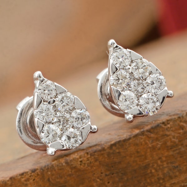 Illuminating Diamond 10k White Gold Stud Earrings For Anniversary, Natural Brilliant Cut Diamond Unique Dainty Women Earrings For Wife