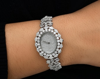 11.57 Ct SI/H Natural Diamond Women’s Luxury Watch | 18k Solid White Gold | Designer Mechanical Analog Wristwatch | Perfect Wedding Gift