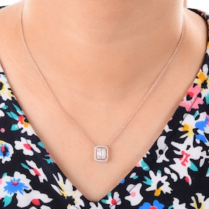 0.64 CT Baguette & Round Cut Natural Diamond Necklace, 18K Rose Gold Hexagon Shape Pendant Necklace, Dainty Necklace for Women, Gift for Her