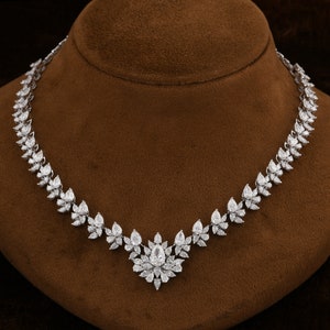 17.24Ct Natural / Lab Diamond Victorian Necklace, 18K Gold Bridal Wedding Necklace, Diamond Cluster Necklace, Last Minute Gift for Mom Idea