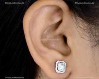 0.32 Ct Real Diamond Halo Stud Earrings,  14k/10k Solid Gold Cluster Earrings, Diamond Wedding Earrings, Pave Set Octagon Diamond Earrings