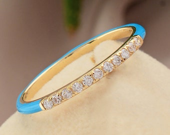 Gold Diamond Ring / Turquoise Enamel Ring / Dainty Diamond Ring / Enamel Diamond Ring / Half Eternity Ring / 14k Stackable Ring For Women