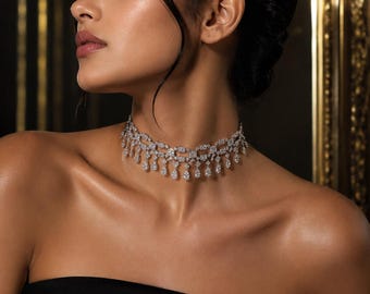 Real Diamond Choker Necklace 15.45 Ct| 14K Gold Diamond Necklace| Diamond Collar Necklace| Baguette & Round Cut Diamond Wedding Shower Gift