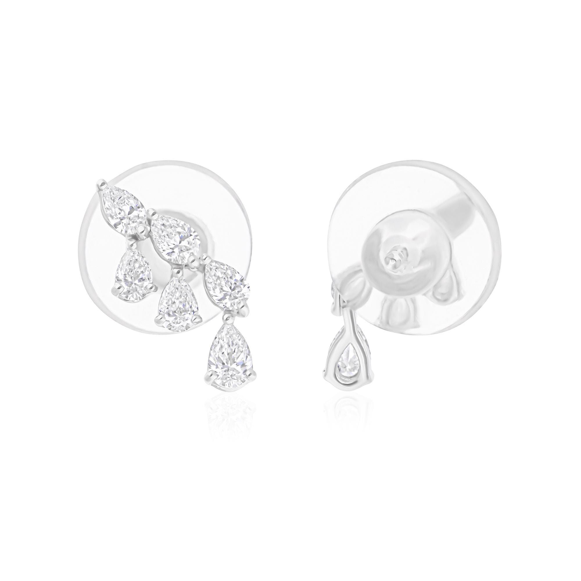 0.68 Ct Pear Cut Diamond Stud Earrings, 18k White Gold Dainty