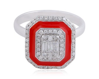 Pierścionek z emalią diamentową / Złoty pierścionek rocznicowy 18k / Pierścionek z diamentami o szlifie okrągłym i bagietkowym / Pierścionek z diamentami ośmiokątnymi / Pierścionek koktajlowy z diamentami w prezencie