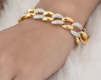 14k Gold Diamond Bracelet Chain / Two Tone Diamond Cuban Link Bracelet / Pave Diamond Curb Link Chain Bracelet / Dainty Bracelet For Unisex