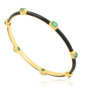 Black Enamel Emerald Bangle / 18k Yellow Gold Dainty Bangle Bracelet / Natural Emerald Gemstone Bangle/ Zambian Emerald Gold Bangle Bracelet
