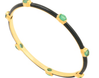 Black Enamel Emerald Bangle / 18k Yellow Gold Dainty Bangle Bracelet / Natural Emerald Gemstone Bangle / Zambia Emerald Gold Bangle Bracelet
