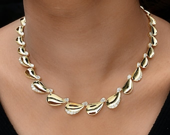 Diamond Necklace 4.39 Ct| 18k Yellow Gold Choker Necklace| Bridal Statement Necklace| Diamond Fine Jewelry| Round Pear Diamond Gift for Her