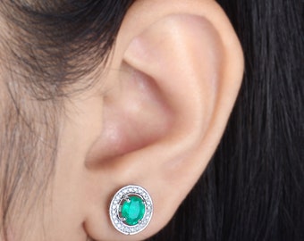 10K Zambian Emerald & Diamond Halo Earrings, 1.30 Tcw Emerald Diamond Stud Earrings, Dainty Oval Earrings for Women, May Birthstone Gift
