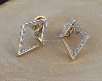 18k Yellow Gold Diamond Earrings For Women, Natural Drop & Dangle Rhombus Earrings For Birthday Gift, Women Earrings Jewelry For Wife