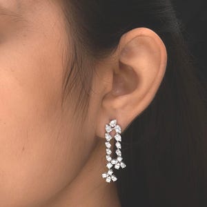 Diamond Dangle Earrings 1.85 Ct | 14k White Gold Diamond Floral Earrings| Diamond Wedding Jewelry| Round Baguette Cut Diamond Gift for Her