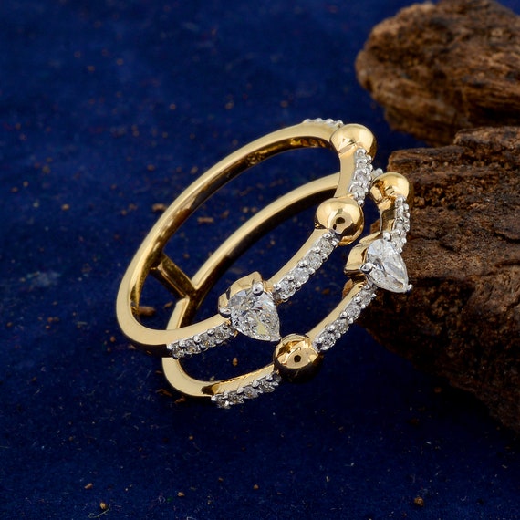 Diamond Ring 18k Yellow Gold Double Band Ring Pear Round Diamond Wedding Ring Dainty Engagement Band Handmade Fine Jewelry for Her Etsy