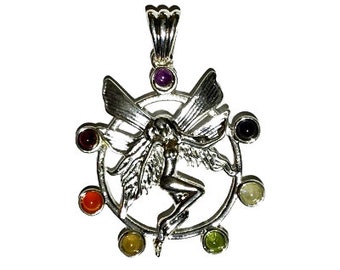 May include: Silver pendant featuring a fairy with wings, surrounded by a circle of seven gemstones in various colors, including red, orange, yellow, green, blue, indigo, and violet.