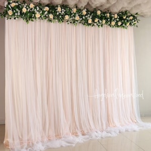 2 Layer Sheer Drapes Champagne Tulle Backdrop Curtains with flowers garland for Baby Shower Party Wedding Engagement Bridal Shower