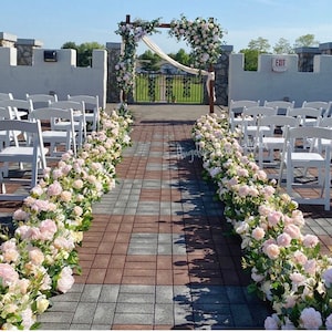 Corridoio nuziale con fiori color champagne e rosa pallido, festoni angolari in terracotta beige, arco di fiori autunnali, ghirlanda di fiori autunnali, fiori finti al tatto