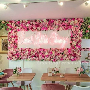 Coffee Shop Wall decora Pink Lover Flower Wall Greeny plant Artificial Flower Panel Neon Sign Home Party Holiday wedding Business backdrop