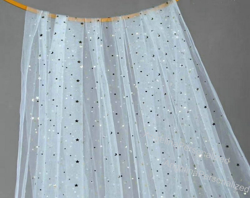 Baby Pink Moon & Star Tulle Fabric for Wedding Dress,Veil, Tulle Backdrop, Curtains, Table chair Tutu Skirt, Party Supplies Yarn Custom Size Baby Blue