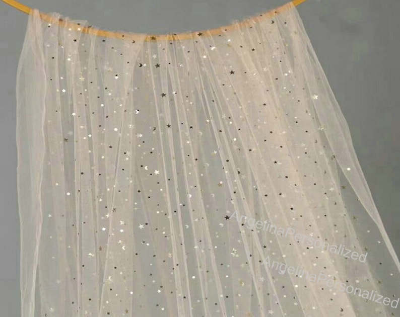 Baby Pink Moon & Star Tulle Fabric for Wedding Dress,Veil, Tulle Backdrop, Curtains, Table chair Tutu Skirt, Party Supplies Yarn Custom Size Champagne