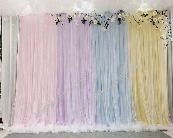 Rainbow Multi color Pastel Birthday Decorations with White Net Curtain and  Led Fairy Lights