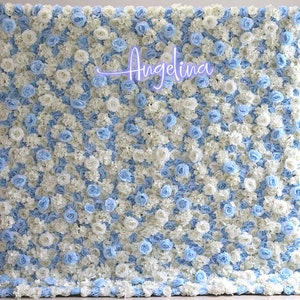 Pannello di fiori artificiali 3D con parete di fiori blu pallido Negozio per la casa Festa Decorazione da parete per le vacanze Sfondo fotografico Disposizione floreale avorio da parete