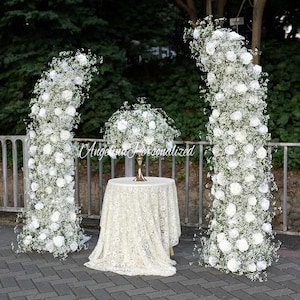 Ivory and White Rose and Baby&#39;s Breath Horn Arch Flowers for Wedding Pillar Flowers, Wedding Backdrop, Arbour Flowers