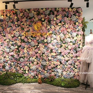 Baby Pink Gilrs Blush Rose Panel Artificial Flower Green Leaves Plant Wall Backdrop Wedding Photo Background for INS tiktok online celebrity
