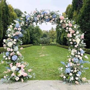 Elegant wedding archway flowers Hydrangea Wedding Inspiration ethereal blush blue and white wedding arch flowers Los Angeles Hidden Garden