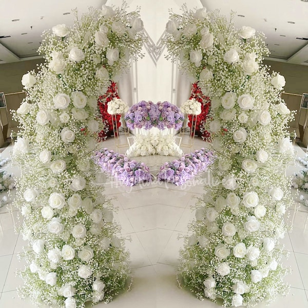 Fully Rose & Baby Breath Moon Shape Wedding Arch Flowers Row, Artificial ivory Rose Gypsophila arch flower flower pillar, 1pcs