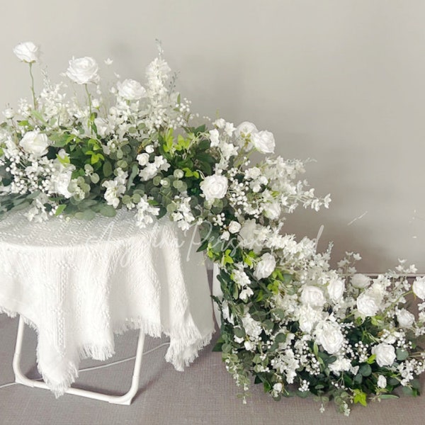 Ivory Rose Artificial Flowers Row, greenery White Rose Peony Hydrangea Arch Table Flower Runner,Flower Garland,Wedding Table Flower