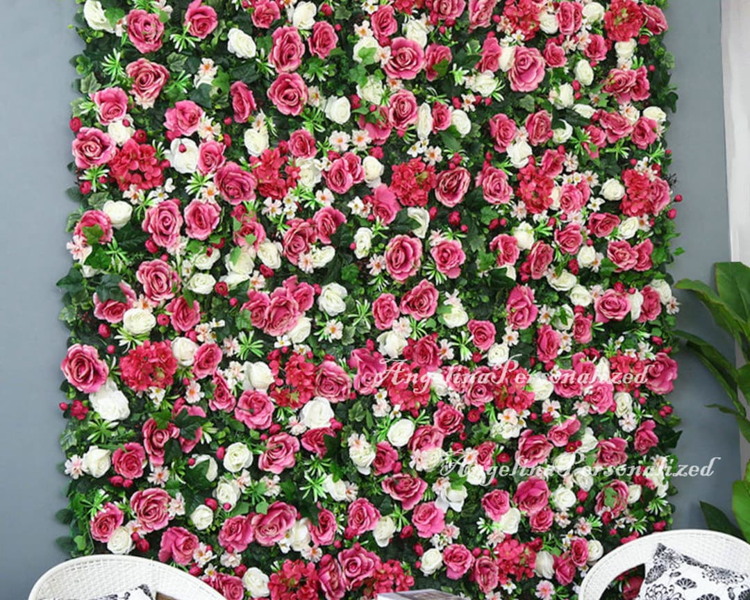 Beauty Salon Wall Decor Bright Pink Flower Panels Artificial Green