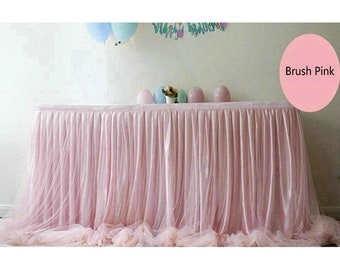 Blush Pink Tulle Tutu Table Skirt Extra Long Sheer Table Cloth for Rectangle Round Table, Baby Shower Wedding Decor, Table Fluffy Skirting