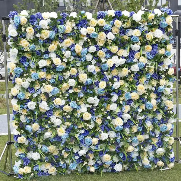 Mur de fleurs artificielles bleu crème sur le thème Superbe mur de fleurs artificielles bleu layette 3D, parfait pour les mariages, les événements et la décoration d'intérieur