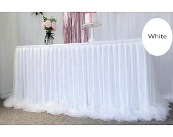 White Tulle Tutu Table Skirt Extra Long Sheer Table Cloth for Rectangle Round Table, Baby Shower Wedding Party Decor, Table Fluffy Skirting