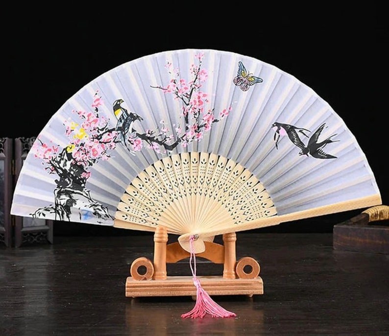 2 Pack Bamboo Silk Folding Fan Handheld Chinese Vintage Retro Fabric Fans